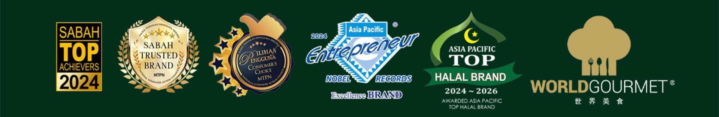 Jetsin Awards: Sabah Top Achievers 2024, Sabah Trusted Brand MTPN, Pilihan Pengguna Consumer's Choice MTPN, Asia Pacific Entrepreneur Nobel Records Excellence Brand 2024, Asia Pacific Top Halal Brand 2024-2026, World Gourmet